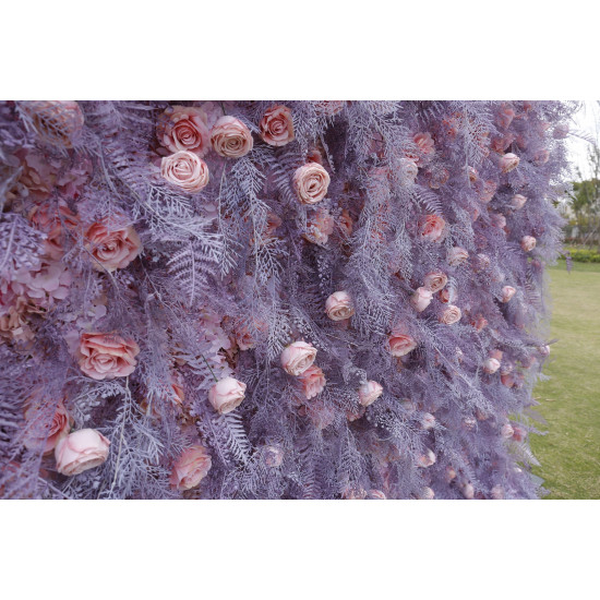 pink rose and purple grass cloth roll up flower wall fabric hanging curtain plant wall event party wedding backdrop