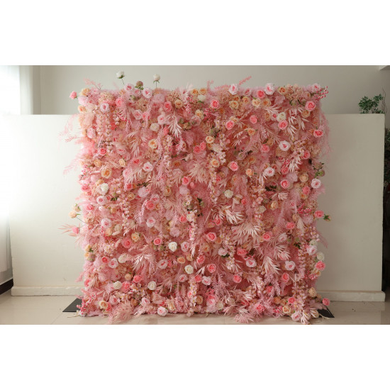 pink rose cloth flower wall fabric rollin up reed pampas grass curtain floral wall wedding backdrop party event props