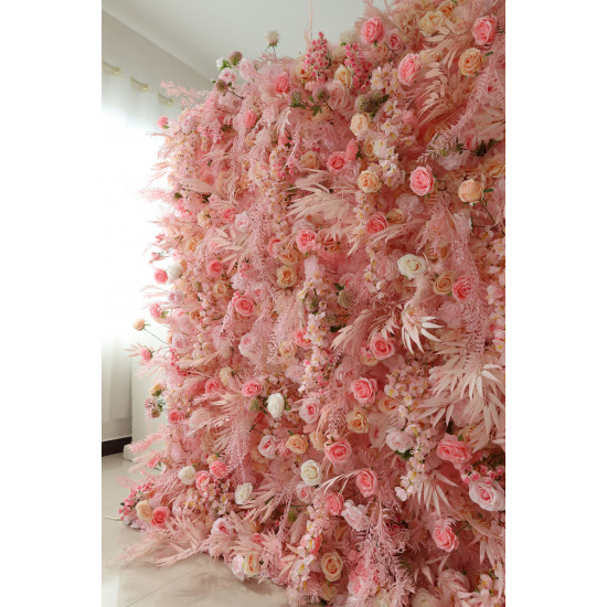 pink rose cloth flower wall fabric rollin up reed pampas grass curtain floral wall wedding backdrop party event props