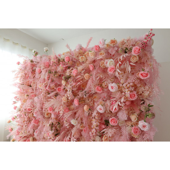 pink rose cloth flower wall fabric rollin up reed pampas grass curtain floral wall wedding backdrop party event props