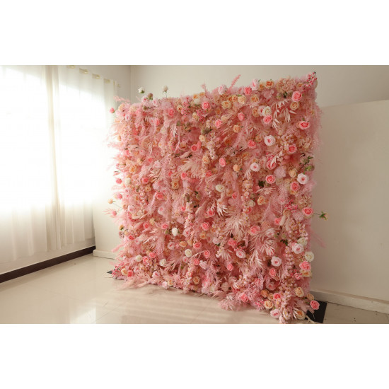 pink rose cloth flower wall fabric rollin up reed pampas grass curtain floral wall wedding backdrop party event props