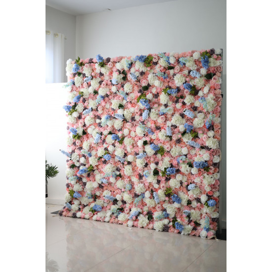 pink roses and blue and white hydrangeas cloth roll up flower wall fabric hanging curtain plant wall event party wedding backdrop