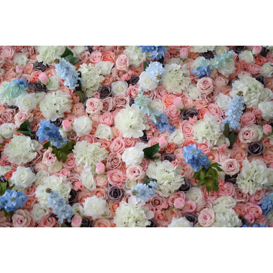 pink roses and blue and white hydrangeas cloth roll up flower wall fabric hanging curtain plant wall event party wedding backdrop