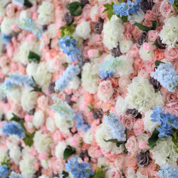 pink roses and blue and white hydrangeas cloth roll up flower wall fabric hanging curtain plant wall event party wedding backdrop