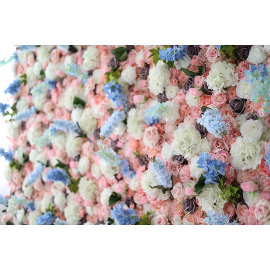 pink roses and blue and white hydrangeas cloth roll up flower wall fabric hanging curtain plant wall event party wedding backdrop