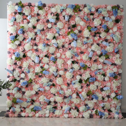 pink roses and blue and white hydrangeas cloth roll up flower wall fabric hanging curtain plant wall event party wedding backdrop