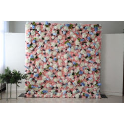 pink roses and blue and white hydrangeas cloth roll up flower wall fabric hanging curtain plant wall event party wedding backdrop