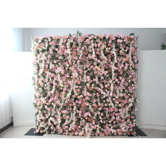 pink roses and green leaves cloth roll up flower wall fabric hanging curtain plant wall event party wedding backdrop