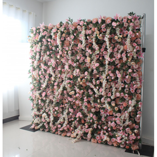 pink roses and green leaves cloth roll up flower wall fabric hanging curtain plant wall event party wedding backdrop