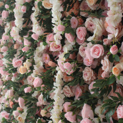 pink roses and green leaves cloth roll up flower wall fabric hanging curtain plant wall event party wedding backdrop