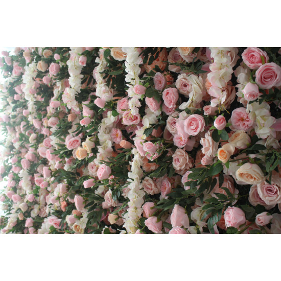 pink roses and green leaves cloth roll up flower wall fabric hanging curtain plant wall event party wedding backdrop