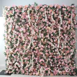 pink roses and green leaves cloth roll up flower wall fabric hanging curtain plant wall event party wedding backdrop