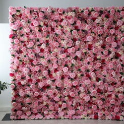 pink roses and peonies and green leaves cloth roll up flower wall fabric hanging curtain plant wall event party wedding backdrop