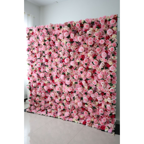 pink roses and peonies and green leaves cloth roll up flower wall fabric hanging curtain plant wall event party wedding backdrop