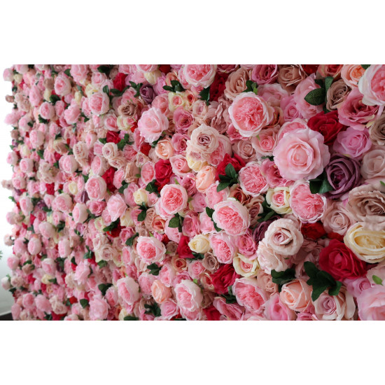 pink roses and peonies and green leaves cloth roll up flower wall fabric hanging curtain plant wall event party wedding backdrop