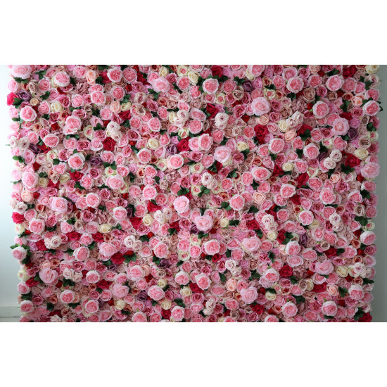 pink roses and peonies and green leaves cloth roll up flower wall fabric hanging curtain plant wall event party wedding backdrop