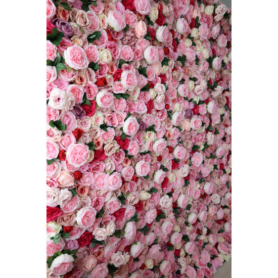 pink roses and peonies and green leaves cloth roll up flower wall fabric hanging curtain plant wall event party wedding backdrop