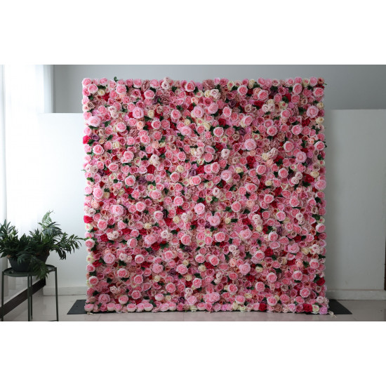 pink roses and peonies and green leaves cloth roll up flower wall fabric hanging curtain plant wall event party wedding backdrop