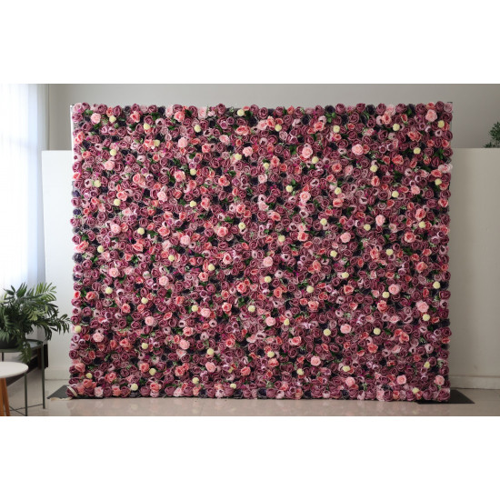 pink roses and peonies and green leaves cloth roll up flower wall fabric hanging curtain plant wall event party wedding backdrop