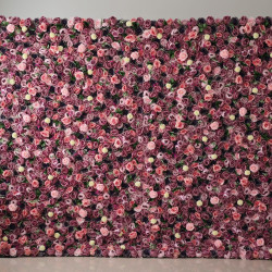 pink roses and peonies and green leaves cloth roll up flower wall fabric hanging curtain plant wall event party wedding backdrop