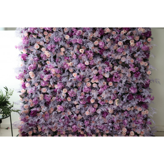 pink roses and purple hydrangeas cloth roll up flower wall fabric hanging curtain plant wall event party wedding backdrop