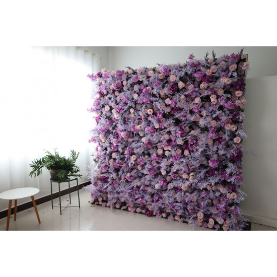 pink roses and purple hydrangeas cloth roll up flower wall fabric hanging curtain plant wall event party wedding backdrop