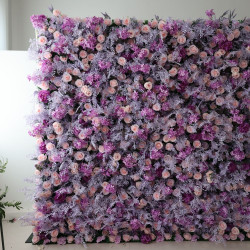 pink roses and purple hydrangeas cloth roll up flower wall fabric hanging curtain plant wall event party wedding backdrop