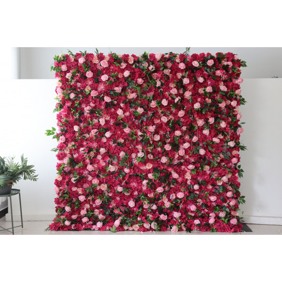 pink roses and rosy hydrangeas and green leaves cloth roll up flower wall fabric hanging curtain plant wall event party wedding backdrop