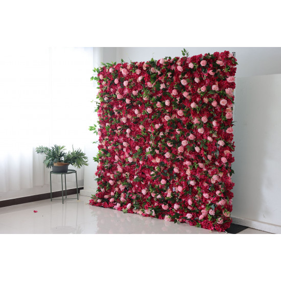 pink roses and rosy hydrangeas and green leaves cloth roll up flower wall fabric hanging curtain plant wall event party wedding backdrop