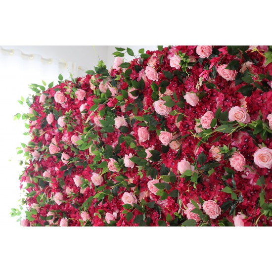 pink roses and rosy hydrangeas and green leaves cloth roll up flower wall fabric hanging curtain plant wall event party wedding backdrop