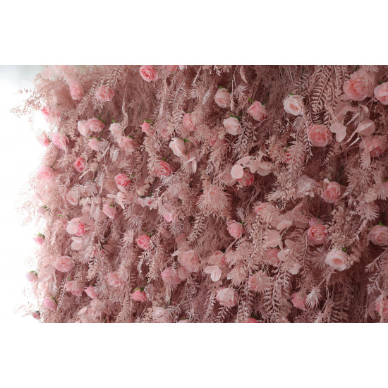 pink roses and silk fern cloth roll up flower wall fabric hanging curtain plant wall event party wedding backdrop