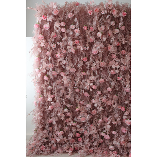 pink roses and silk fern cloth roll up flower wall fabric hanging curtain plant wall event party wedding backdrop