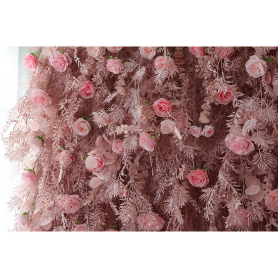 pink roses and silk fern cloth roll up flower wall fabric hanging curtain plant wall event party wedding backdrop