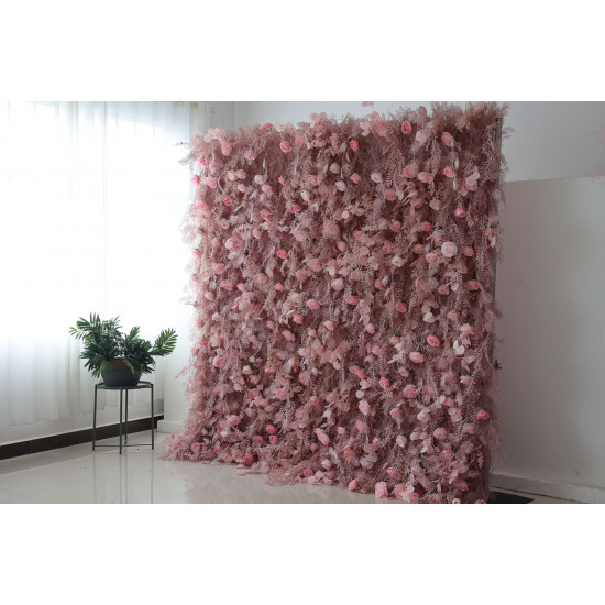 pink roses and silk fern cloth roll up flower wall fabric hanging curtain plant wall event party wedding backdrop