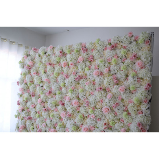 pink roses and white hydrangeas cloth roll up flower wall fabric hanging curtain plant wall event party wedding backdrop