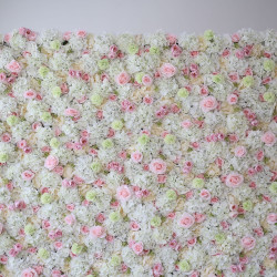 pink roses and white hydrangeas cloth roll up flower wall fabric hanging curtain plant wall event party wedding backdrop