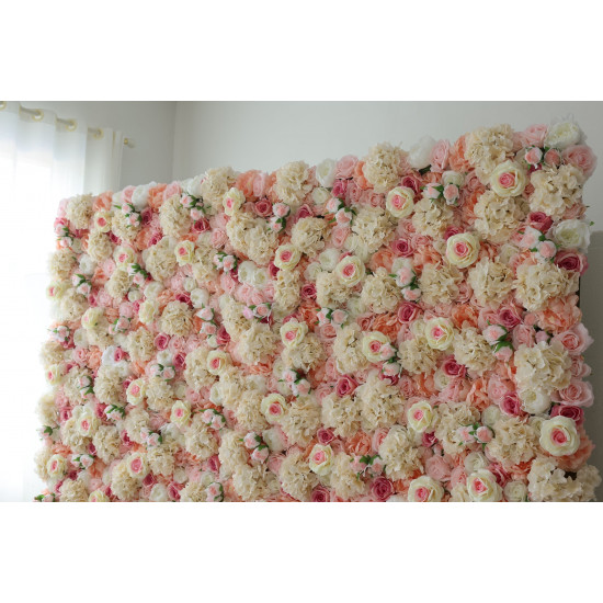 pink roses and white hydrangeas cloth roll up flower wall fabric hanging curtain plant wall event party wedding backdrop