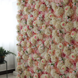 pink roses and white hydrangeas cloth roll up flower wall fabric hanging curtain plant wall event party wedding backdrop