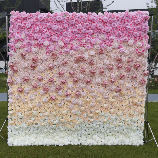 pink white roses 3d luxury gradient rolling up fabric curtain artificial flower wall cloth floral wall wedding backdrop