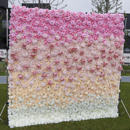 pink white roses 3d luxury gradient rolling up fabric curtain artificial flower wall cloth floral wall wedding backdrop