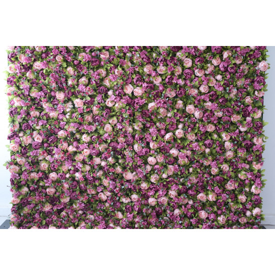 purple and pink peony flowers and green leaves cloth roll up flower wall fabric hanging curtain plant wall event party wedding backdrop