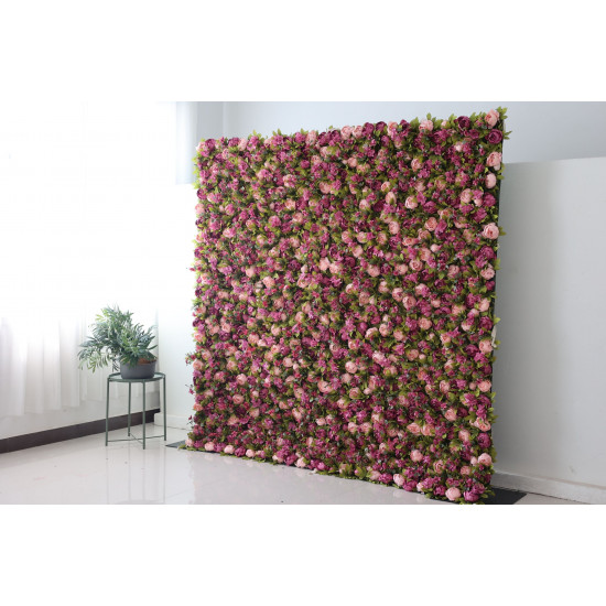 purple and pink peony flowers and green leaves cloth roll up flower wall fabric hanging curtain plant wall event party wedding backdrop