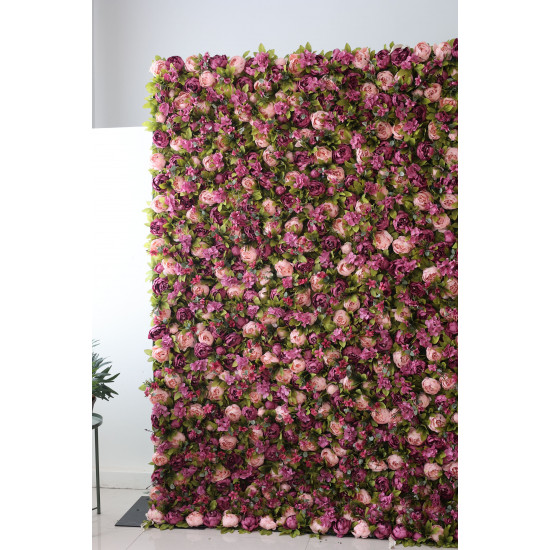 purple and pink peony flowers and green leaves cloth roll up flower wall fabric hanging curtain plant wall event party wedding backdrop