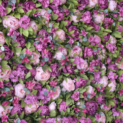 purple and pink peony flowers and green leaves cloth roll up flower wall fabric hanging curtain plant wall event party wedding backdrop