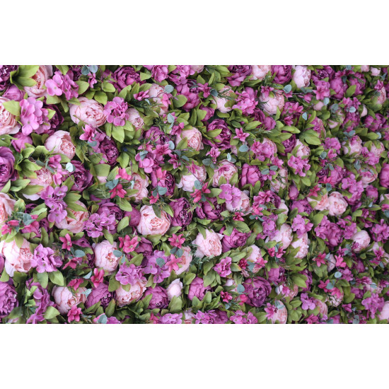 purple and pink peony flowers and green leaves cloth roll up flower wall fabric hanging curtain plant wall event party wedding backdrop