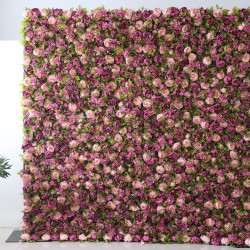 purple and pink peony flowers and green leaves cloth roll up flower wall fabric hanging curtain plant wall event party wedding backdrop