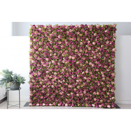 purple and pink peony flowers and green leaves cloth roll up flower wall fabric hanging curtain plant wall event party wedding backdrop