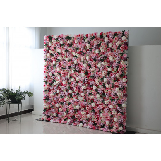 purple and pink roses and green leaves cloth roll up flower wall fabric hanging curtain plant wall event party wedding backdrop