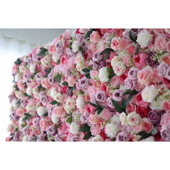 purple and pink roses and green leaves cloth roll up flower wall fabric hanging curtain plant wall event party wedding backdrop