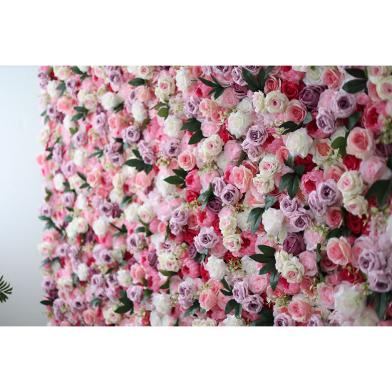 purple and pink roses and green leaves cloth roll up flower wall fabric hanging curtain plant wall event party wedding backdrop